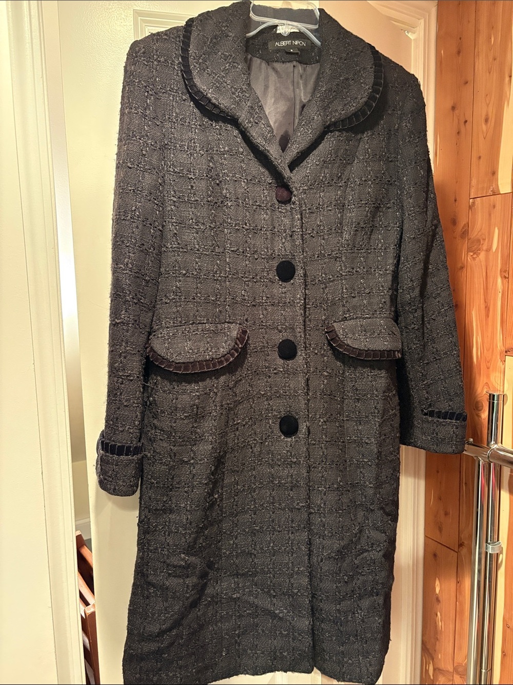 Albert Nipon Black Boucle Velvet Trim & Buttons Opera Long Coat size S